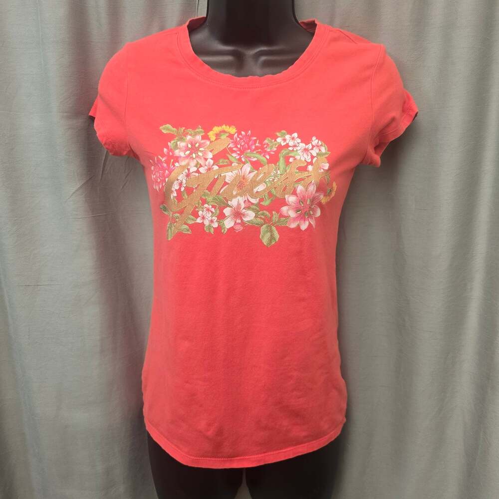 GUESS Coral Floral Graphic Tee XS Gold Logo Jeweled Y2K